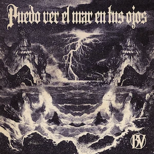 monochrome album cover featuring the phrase 'puedo ver el mar en sus piedras' in Spanish