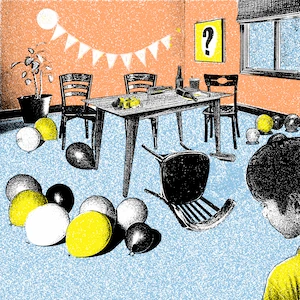Illustration of a cluttered party room with balloons on the floor, a boy looking at a table with plates and glasses, and decorations hanging by the window.