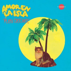 a cat on a log with palm trees and yellow moon