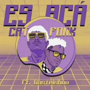 A purple and yellow poster with two men wearing sunglasses.